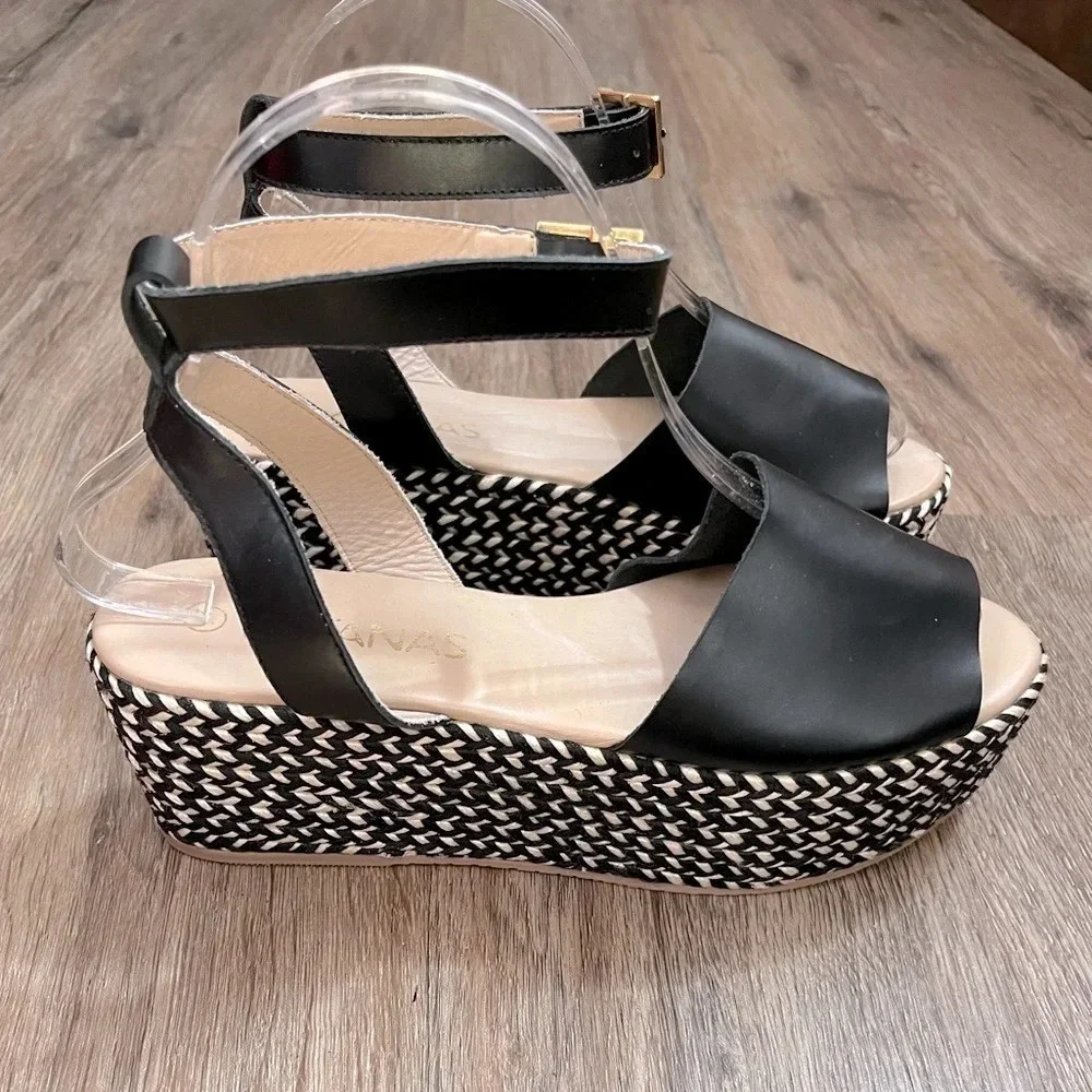 Kaanas Anthropologie Platforms Espadrilles Women’s Black Leather 7 Boho Wedding